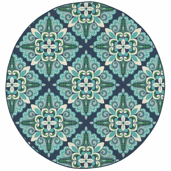 Homeroots 8 in. Blue & Green Floral Indoor & Outdoor Round Area Rug 388671 - main